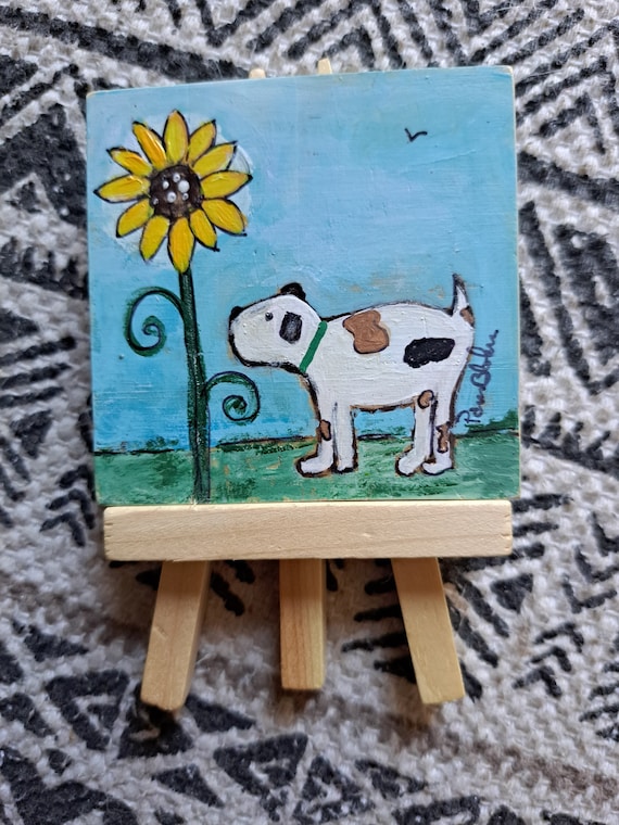 Dog & Sunflower Original acrylic paintings- "Time Out" 3x3 Small Art Canvas- includes display easel