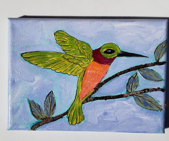 Original "Hummingbird in Flight" Acrylic Painting- 5x7 stretch canvas- Small art Garden Hummer