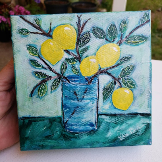 Lemon on the branch "5 Yellow Fruits" Original Acrylic Painting - 6x6x1.5" Stand Alone Art- kitchen wall art- Lemon Home Decor