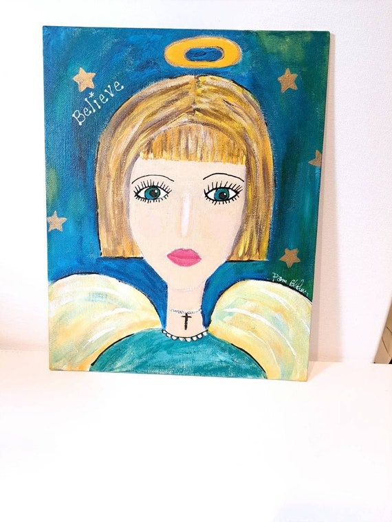 Original Angel art "Believe" - Blonde Angel with Wings -8x10 canvas Panel -Angel Acrylic Painting- teal and Yellow wall art