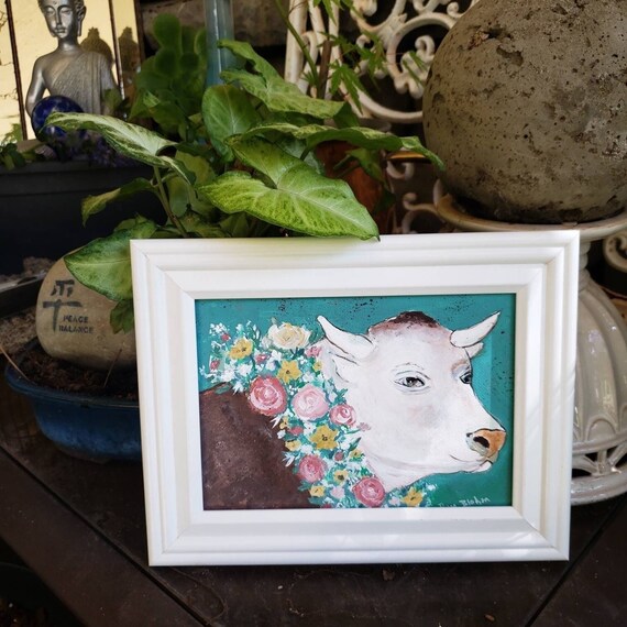 Original "Cow with Flowers"--Ira Yeager Tribute Series-Unframed 5x7 Canvas Panel - small gift idea