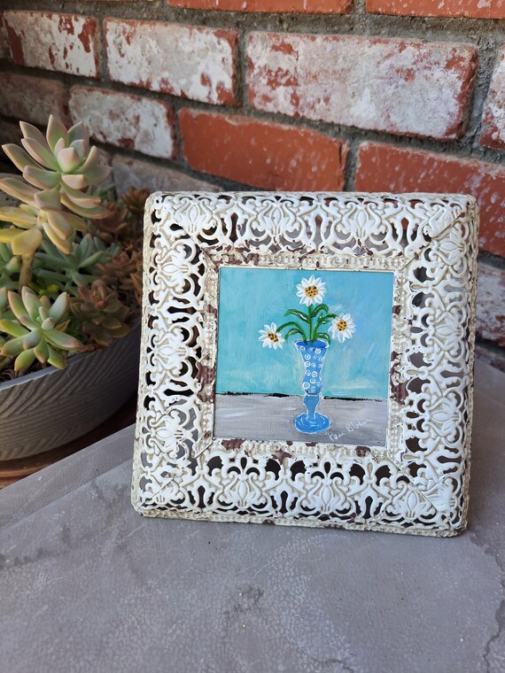 Framed White Daisies in a Blue Polka-dot vase- 4x4 Original Acrylic Painting on Birchwood canvas-Framed Artwork Gift Idea.