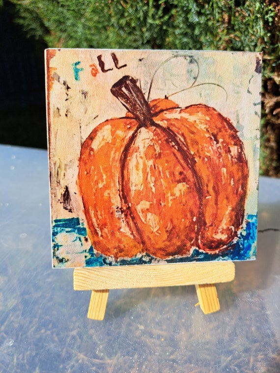 Fall Decor for Home or Office- 4x4" Orange Pumpkin Decoupaged PRINT onto wood- display easel included-Small gift idea Cubical Art