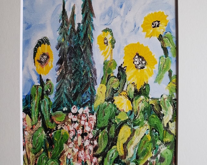 Sunflower Artist PRINT- 5x7 white matted to 8x10 - Flower Garden Wall art