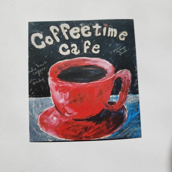 COFFEE fridge magnet "Coffeetime Cafe " small gift under 10- 3.25x4" Red Coffee Cup Art
