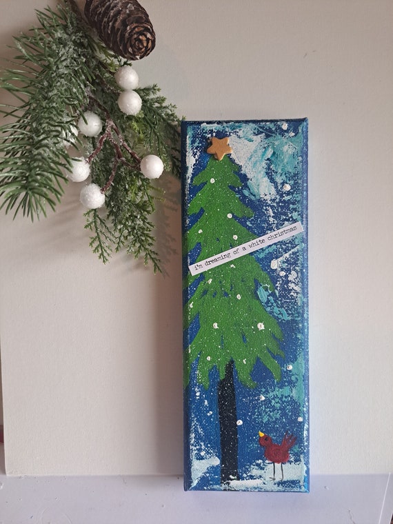 Christmas Decor " I'm dreaming of a White Christmas" Original acrylic painting-3x9 Winter Scene Wall art