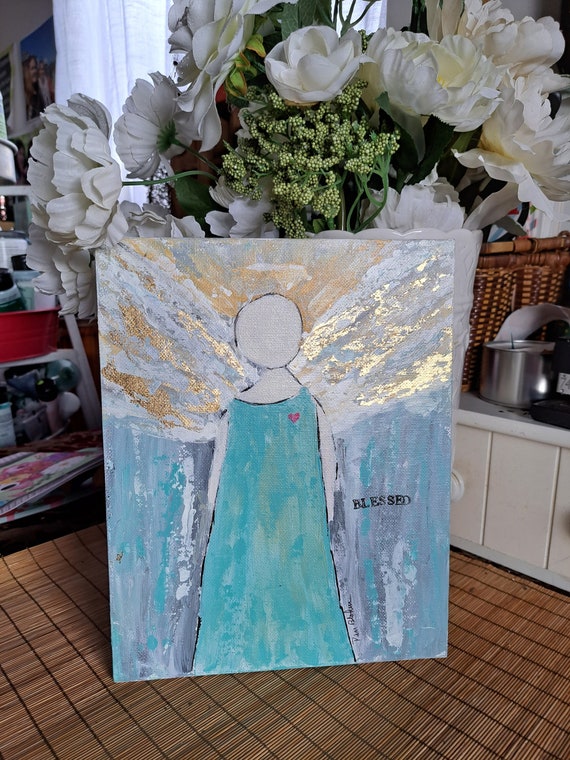 Angel Original Acrylic Painting- "Believe" - 8x10 unframed Canvas PANEL-Angel art gift idea-Inspirational word is Blessed- Angel Wall art