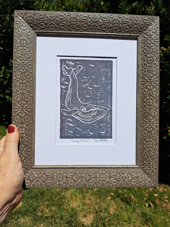 Original Linoleum Block Print "Deep Diving" Whale wall art - Unframed White Matted to 8x10 Frame size - Grey Home Decor - Ocean Whale Art