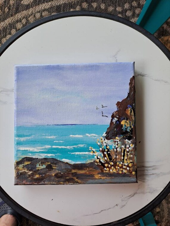 Seascape Original acrylic painting "Bird Watching" - 6x6 Stretched canvas ocean scenery wall art - California Coastal art