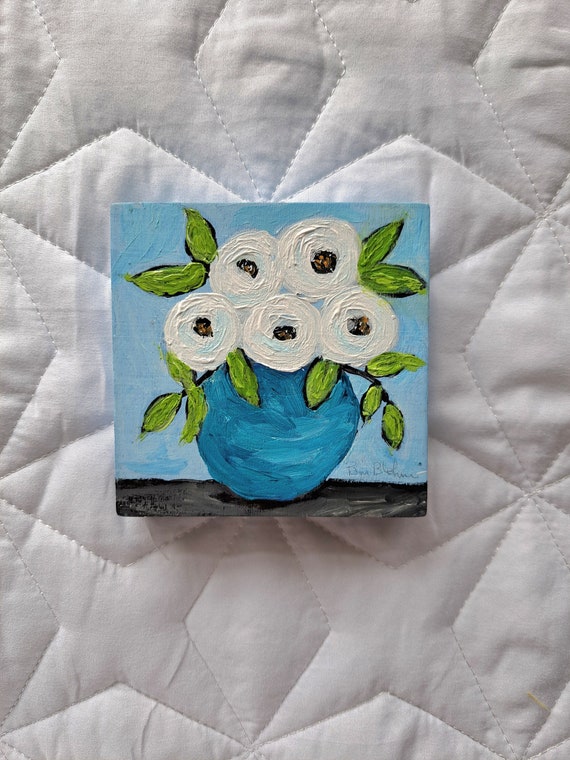 Vase of 5 White Flowers in Teal Vase "Spring Blossoms"- 4x4 Small art Original acrylic painting "Spring Blossoms " on Birchwood canvas