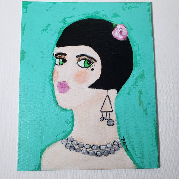 Original Acrylic painting- "PIN Up Girl " - 8x10 Canvas PANEL-roaring 20s Woman Portrait Painting-Pop art Painting