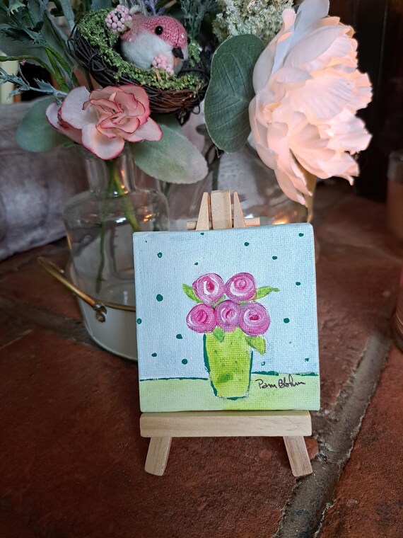 Small art Bouquet of Flowers Original Acrylic Painting -3x3 Vase of Flowers artwork includes display easel