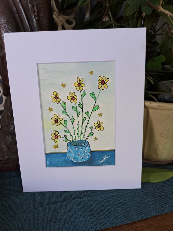 MATTED Original Foral Bouquet watercolor & ink painting " Yellow flowers in Stars Vase" - white matted to 8x10 Frame Size