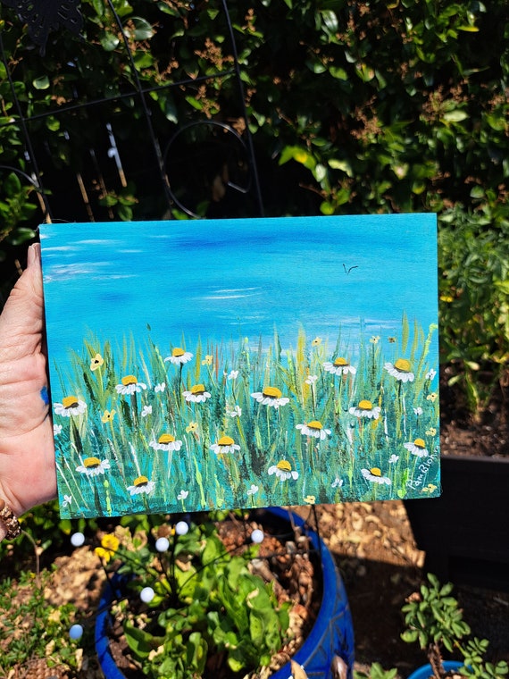 Original acrylic painting " Meadow Daisies " Landscape painting - 6x8 Birchwood canvas home decor 8