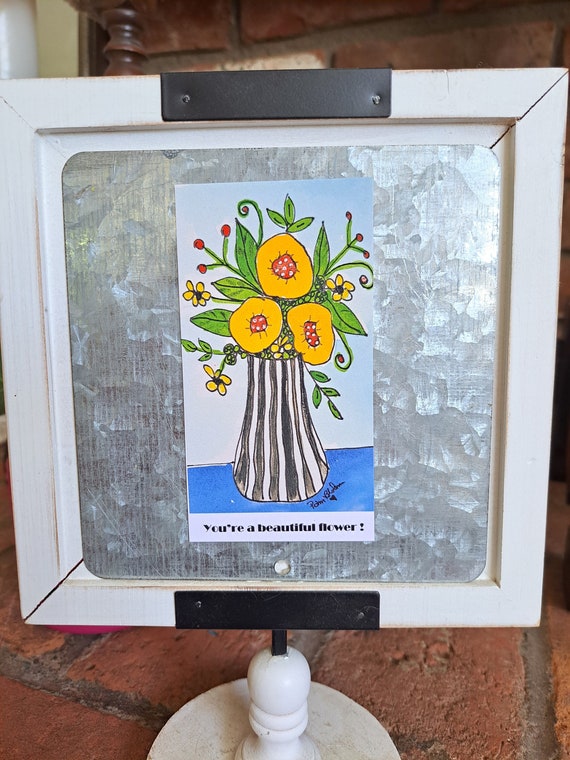 Artist Fridge Magnet Striped Vase of Flowers "You're a Beautiful Flower " -2.5x4.75 " Magnet Gift idea under 10