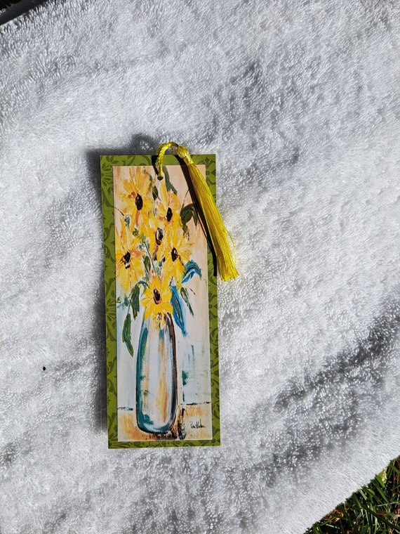 Bookmark from artist Print - laminated Vase of Sunflowers art with yellow tassel-3x7.25"- Artist Page Marker