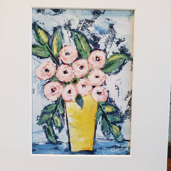 Artist Print ' Peach Flowers in Yellow Vase"- Floral PRINT 8x10 white matted size - Flowers Wall Art Print- Home Decor Prints