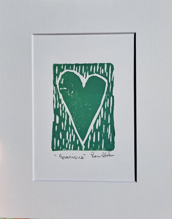 Green Heart Art Linoleum Block Print "Gracious" -Green ink Original Lino Cut Block Print-White Matted to 8x10