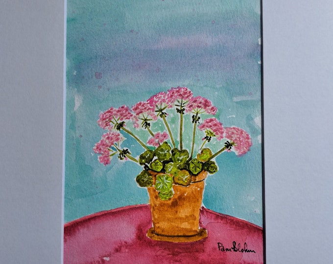 Original Watercolor "Potted  Pink Geraniums -White Matted to 8x10 frame size- Home Decor Wall -kitchen art-garden art