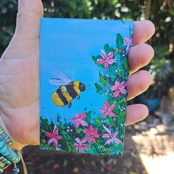 Bee Fridge Magnet " Bee at Pink Flowers" - Artist magnet from artwork - Magnet gift under 10- Small art under 10