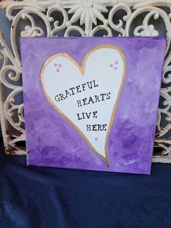 Heart art  "Grateful Hearts Live Here" Original acrylic painting-Purple and White home decor- 12x12 wall art