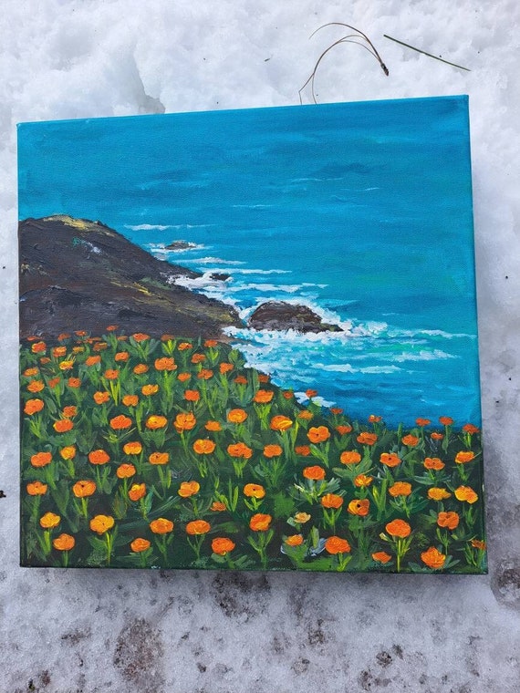 Original Acrylic Painting Ocean View "California Poppies Bloom" - Seascape Painting - 14x14