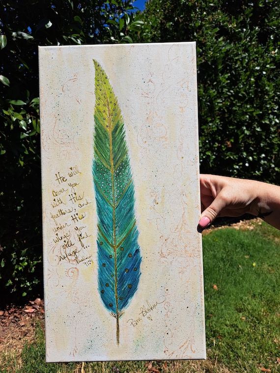 Feather wall art -"Psalms 91:4" Bible Verse inspiration - Original Acrylic Painting - 10x20 Unframed Vertical wall art