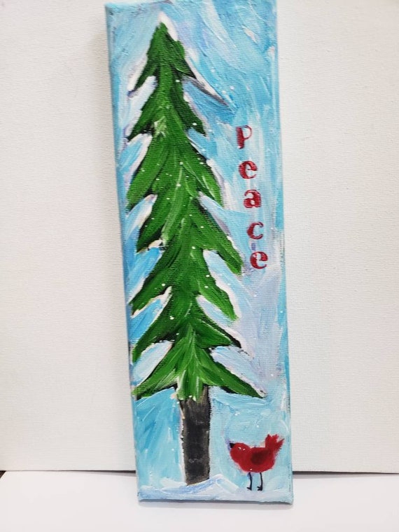 WINTER Wonderland "Peace" - Original Acrylic Painting-Red Bird under his tree on a snowy day -3x9 inch small art