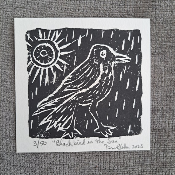 Linoleum Block Print-5x5 black ink "Blackbird in the Sun" - unframed linocut artwork-small art bird-Small art under 10