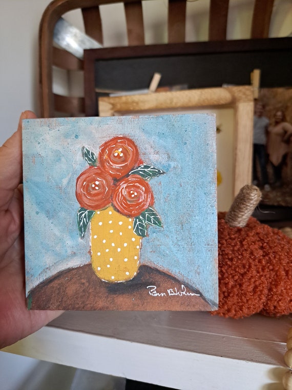 Gold Polka Dot Vase with 3 Burnt Orange Flowers- Original Acrylic painting - 3x3x.75 Wood Canvas. Fall Floral Home decor