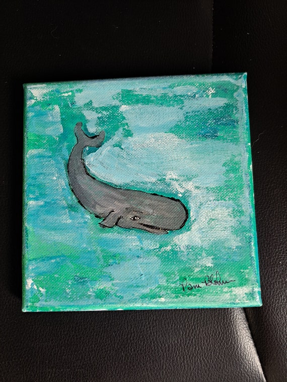 Grey Whale Original acrylic painting- 6x6 stretched canvas wall art -Ocean Sealife home decor