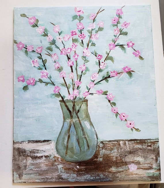 Vase of Flowers "Pink Cherry Blossoms " - 8x10 original acrylic painting-Unframed canvas Panel