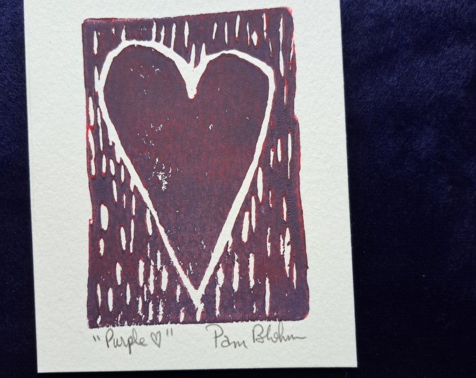 PURPLE Heart art - Linoleum Block Print-Purple ink 4x5 - small art Lino Block Art-Purple small art -Small gift idea