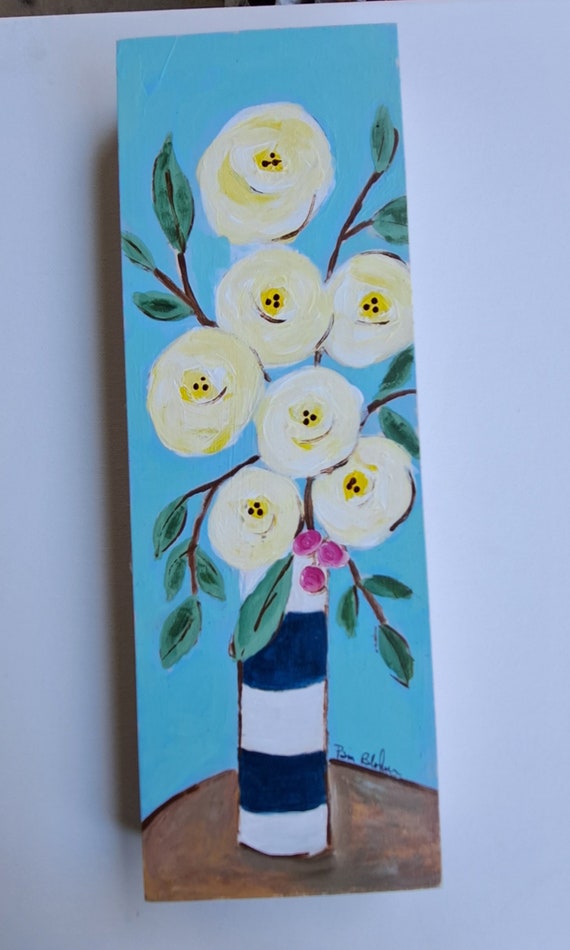 Striped Vase of Yellow flowers- Original acrylic painting-4x12 Vertical wall art on Birchwood canvas