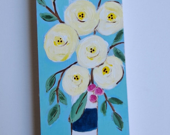 Striped Vase of Yellow flowers- Original acrylic painting-4x12 Vertical wall art on Birchwood canvas