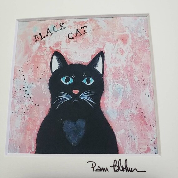 PRINT "Black Cat" Artwork - White matted to 8x8- Cat artwork - Cat Lover Gift idea- Pink and Black Home Decor