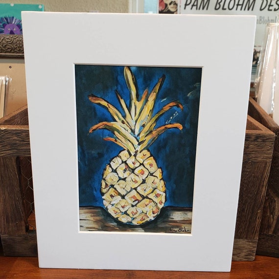 Fruit art Print" Moonlight Pineapple " Kitchen Decor- Navy and Gold Home Decor White Matted to 8x10- Yellow Gold Pineapple Wall art