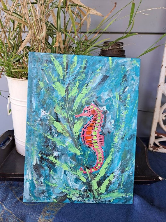 Seahorse Original acrylic painting- 9x12 Unframed canvas Panel -"Seahorse Sally" ocean sealife abstract painting- Seahorse Spirit Animal