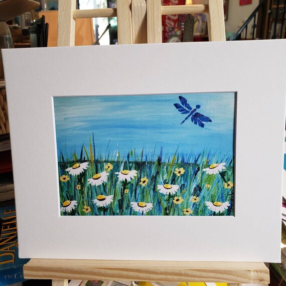 Artist PRINT " Meadow of Daisies" - white matted to 8x10 frame size - white daisy flowers wall art -Daisies and Dragonfly