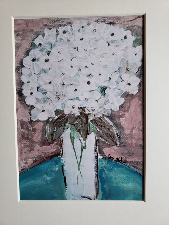 Artist PRINT "Vase of Hydrangeas" white matted to 8x10 frame size.- 8x10 wall art home decor
