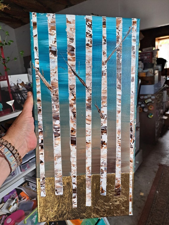 Original acrylic painting- " "Birch Tree Woods" - 10x20 Vertical Wall art -23K Gold Leaf enhanced