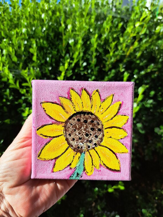 Original acrylic painting- " Happy Sunflower " 4x4 " small art stretched canvas- Stand alone shelf , Tier Tray or Mantle art