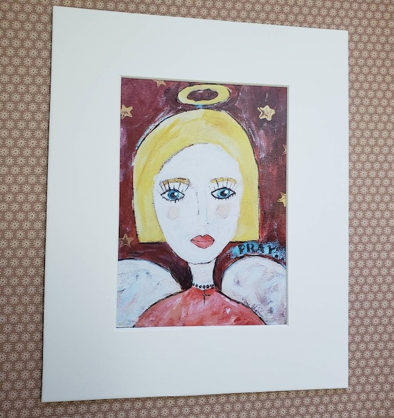 Angel Art PRINT "Pray" - Blonde Angel Home Decor-Boho angel with wings- White Matted to 8x10 Frame Size -Angel Artwork Wall art