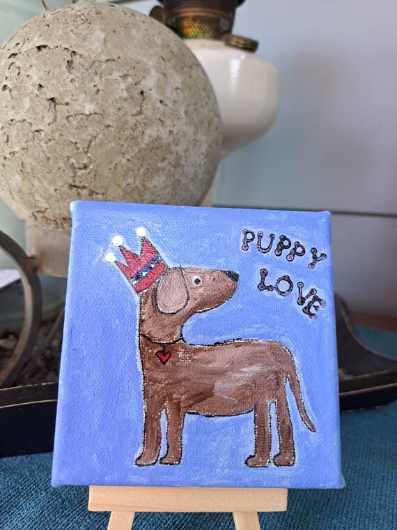 Small art "Puppy Love" -Original Acrylic Painting- 4x4 stretched canvas art- dog with crown and red heart.