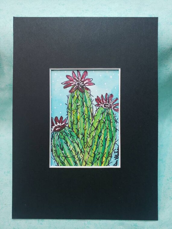 Original Watercolor & Ink -"Bloomin Cactus" - small art painting matted to 5x7 - Desert Flower art- Bathroom art