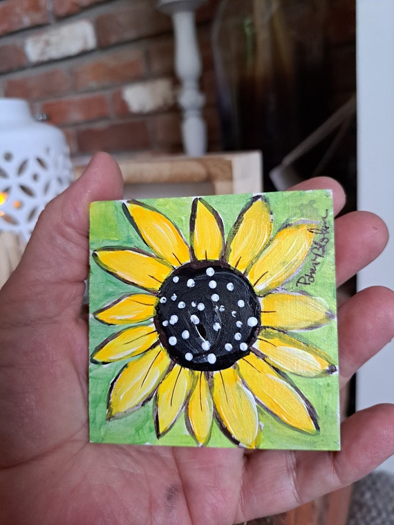 Small art Sunflower Original Acrylic Painting on Wood Panel-3x3x.25- Yellow Sunflower artwork includes display easel