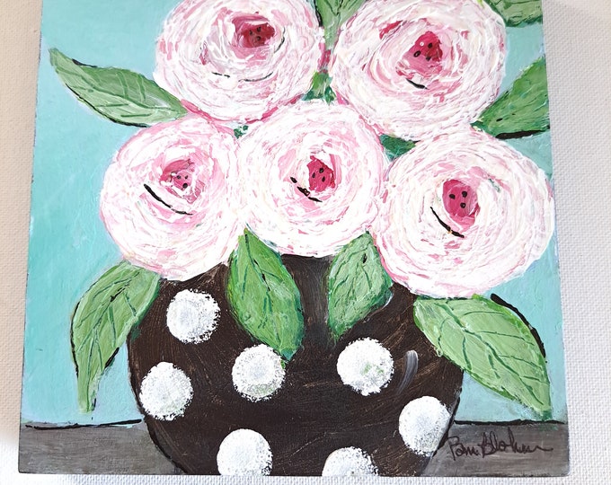 Pink Flowers in a Polka Dotted Vase - Original acrylic painting- 6x6 Floral artwork- Floral art - Unframed Canvas PANEL