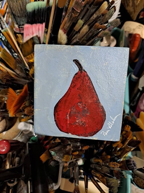 Small art Pear "Sweet and Simple" - 4x4 kitchen decor- Pear Fruit painting on upcycled wood