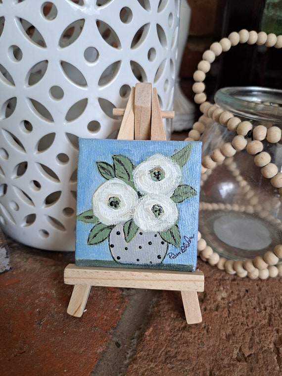 TINY art - Polka Dot Vase of 3 Creamy Flower Original Acrylic Painting- 2.5x2.5 " canvas panel - small art gift idea includes display easel