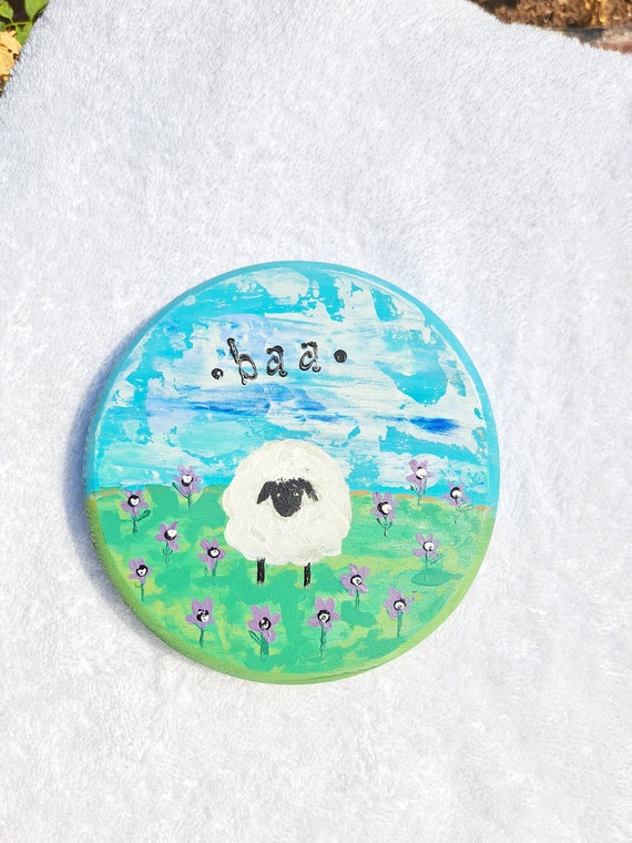 Sheep In a field of "Lavender Flowers" - Original Acrylic Painting- 5.25 Round Solid Pine wood.
